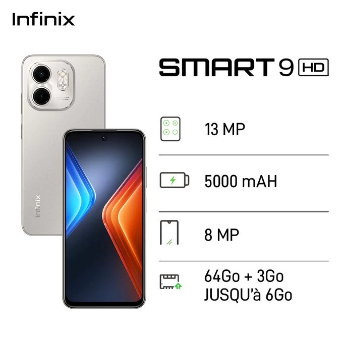 Infinix Smart 9 HD - 64Go + 3Go - 8 MP - 5000 MAh - Gris - 12 Mois Garantie