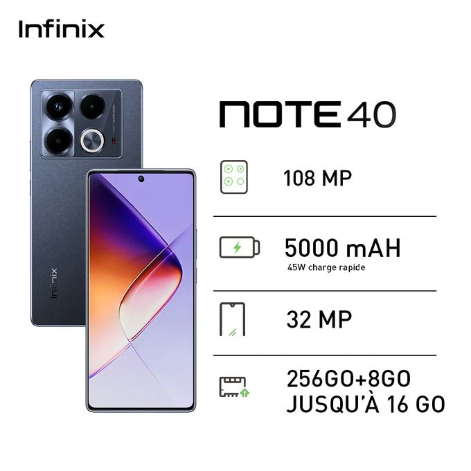 Infinix NOTE 40 - 6.78" - 4G - 2 SIM - 108 Mpx - 8/256 Go - Noir - 12 Mois Garan